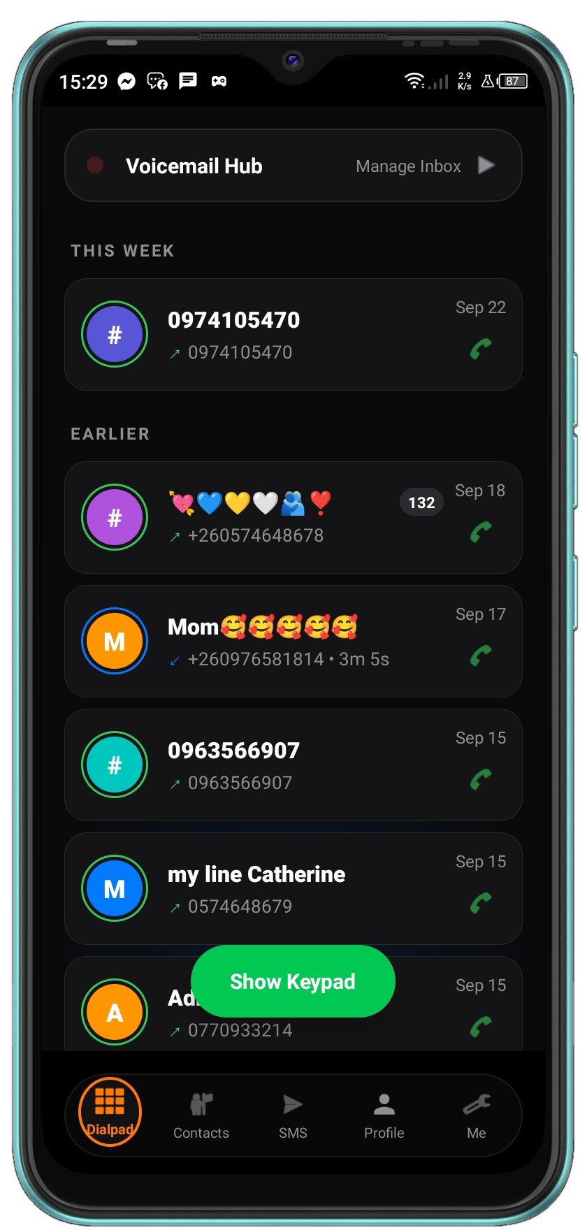 9shadows Android recent calls interface